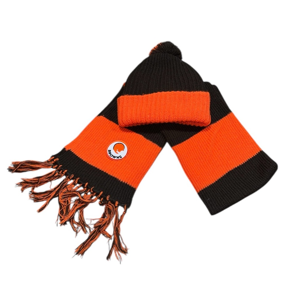 VTG 80s Cleveland Browns Pom Beanie Hat & Scarft Set Knit NFL Football A3